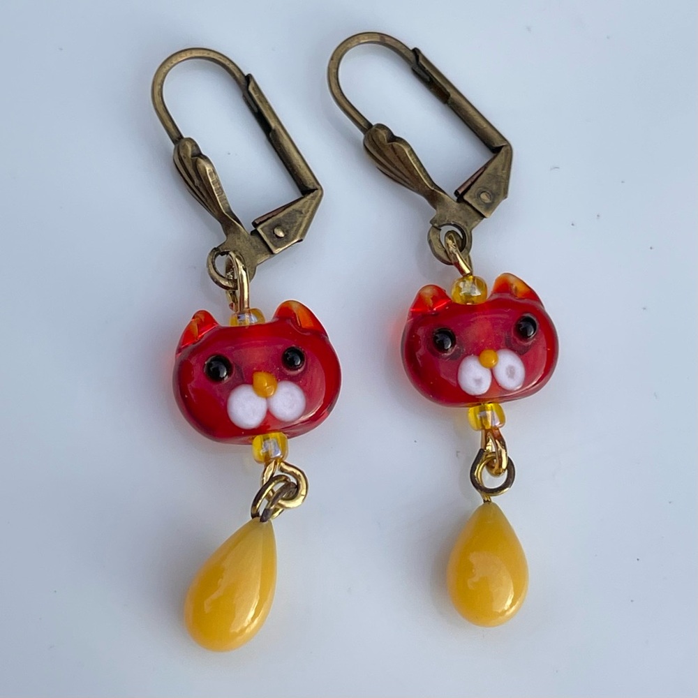 Red Cat Earrings with Yellow Teardrop Charm Handmade OOAK Pierced Brass NWOT